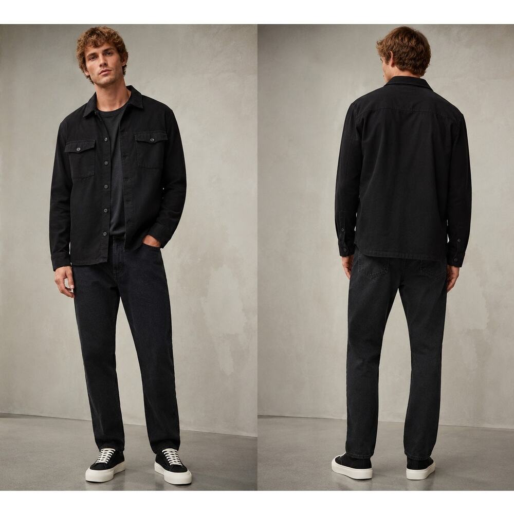 AllSaints Spotter Shirt Men's L Long Sleeve Black Military Cotton Overshirt